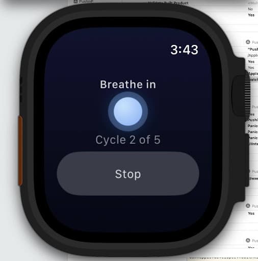 Apple Watch interface during an active intervention session: "Breathe in, Cycle 2 of 5" with visual pacing indicator